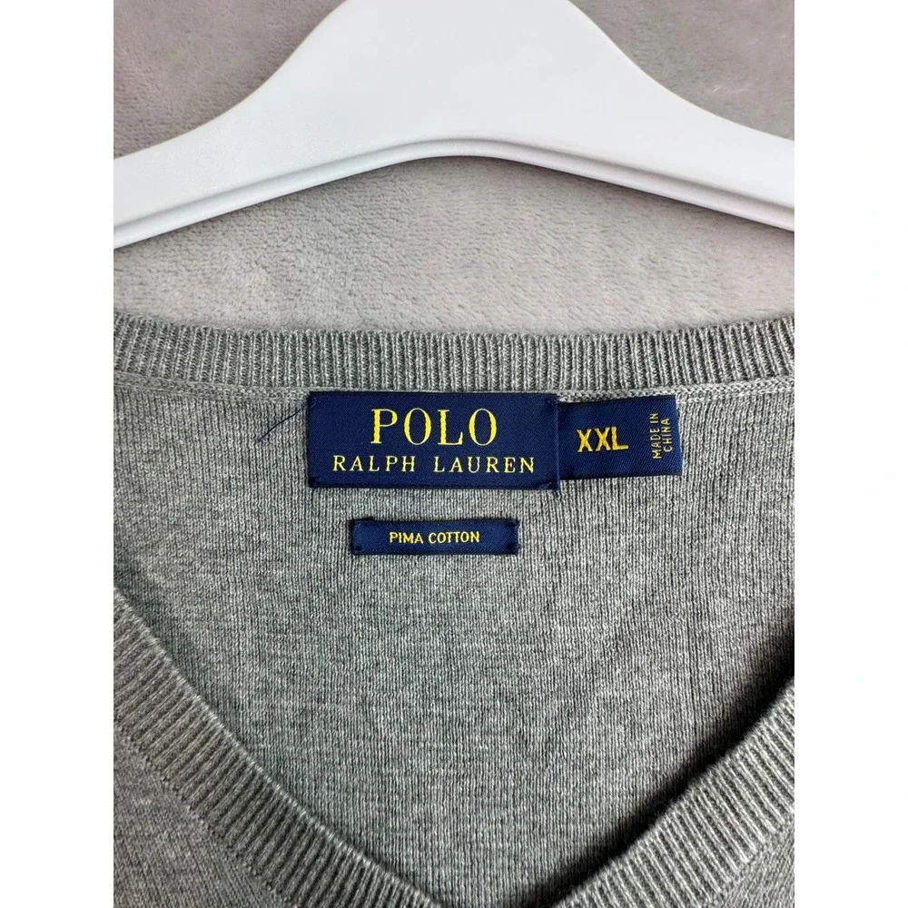 Polo Ralph Lauren Mens XXL Grey Pima Cotton V-Neck Sweater Vest Embroidered Pony